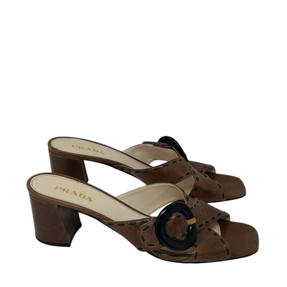 Prada Brown Leather Slide Sandals with Chunky Heel - Picture 2 of 12